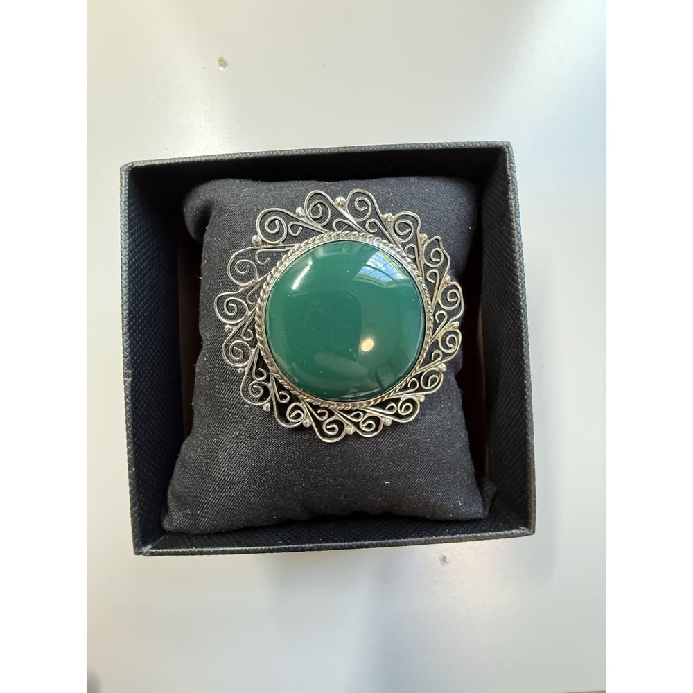 Large Vintage Mexican Sterling Silver Green Onyx Brooch/Pendant with Filigree De